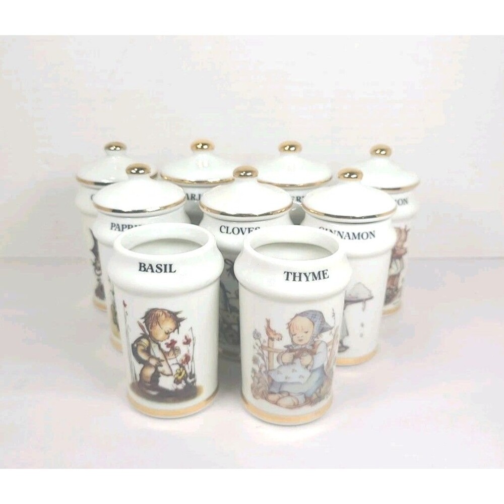 Vintage Collectible Lot of 9  MJ Hummel Porcelain Spice Jars 24K Trim Japan READ